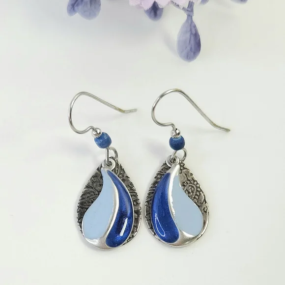 Silver Etched Floral & Metallic Blue Swirl Layered Dangle Earrings - Picture 8 of 10